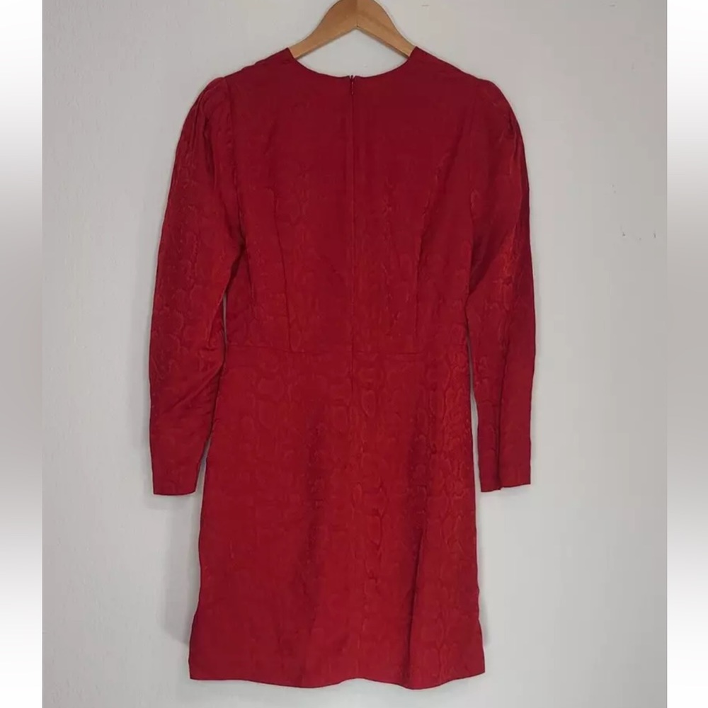 SANDRO Gloria Dress Womens EU 40 Jacquard Gathered Front Patterned V-Neck Red - Picture 2 of 9